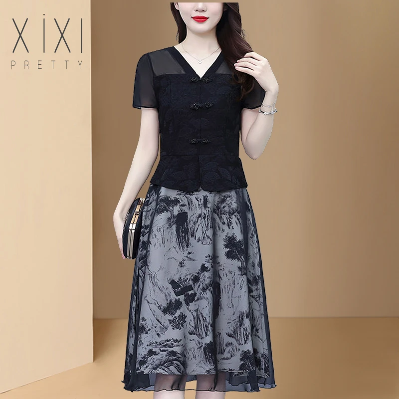 中老年高档品牌妈妈连衣裙2025夏季新款时尚假两件拼接显瘦短袖裙