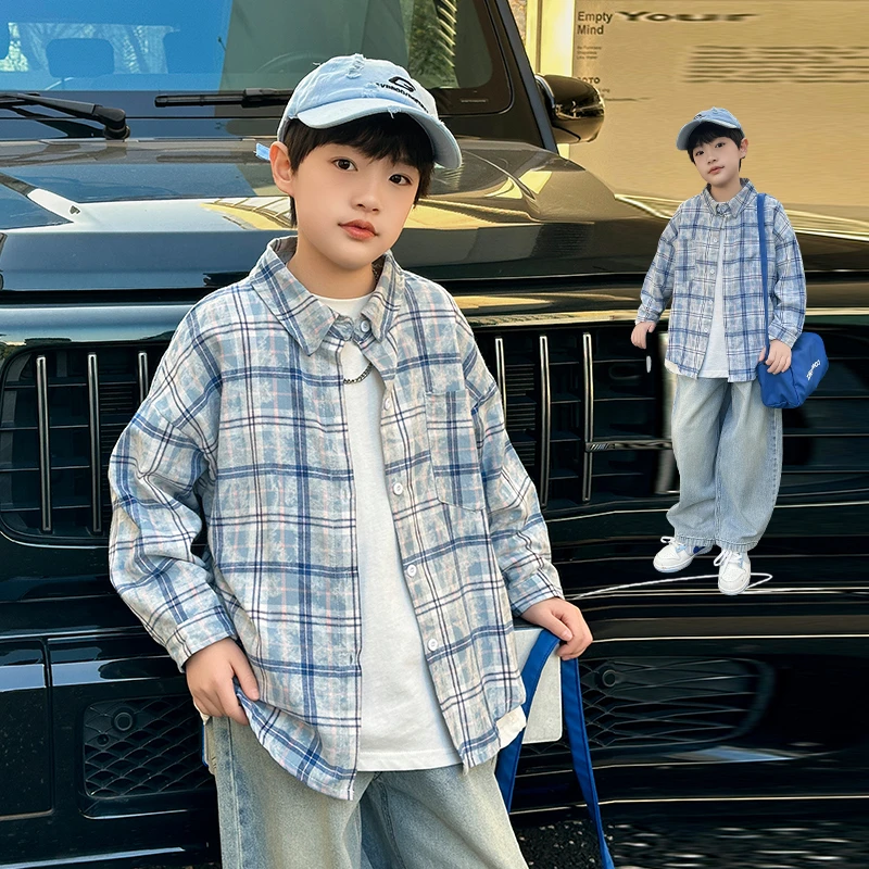 男童格子衬衫春秋洋气2025中大童休闲长袖韩版儿童秋季帅气上衣潮