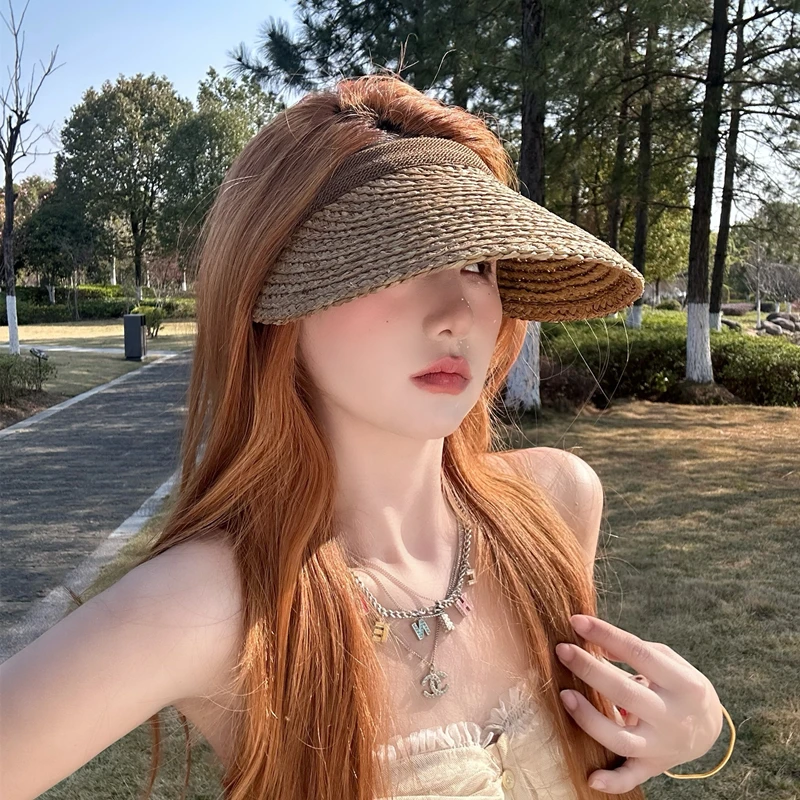 拉菲草空顶帽子女夏季简约海边度假手工编织草帽遮阳防晒帽太阳帽