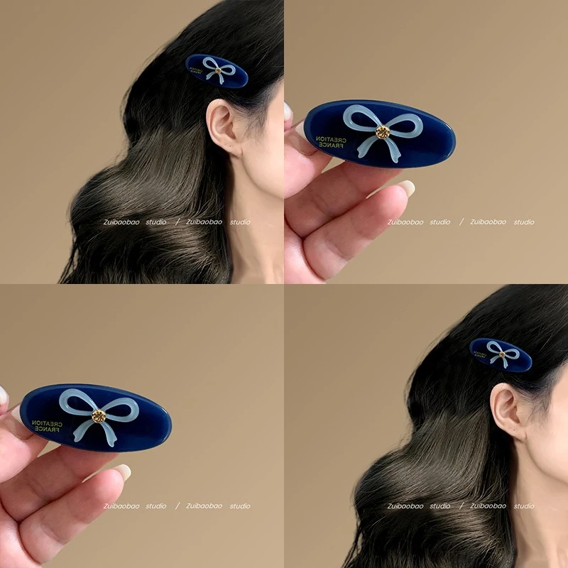 暮色蓝~蝴蝶结碎钻发夹法式高级感醋酸刘海碎发夹精致边夹新款