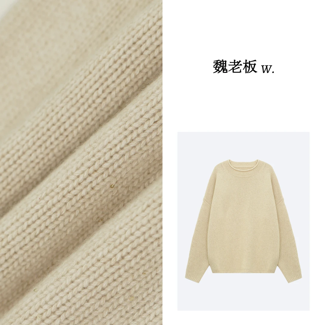 W.Diva【脱颖】100%羊绒简约时尚卷边领圆领长袖羊绒毛衫4Z2935103