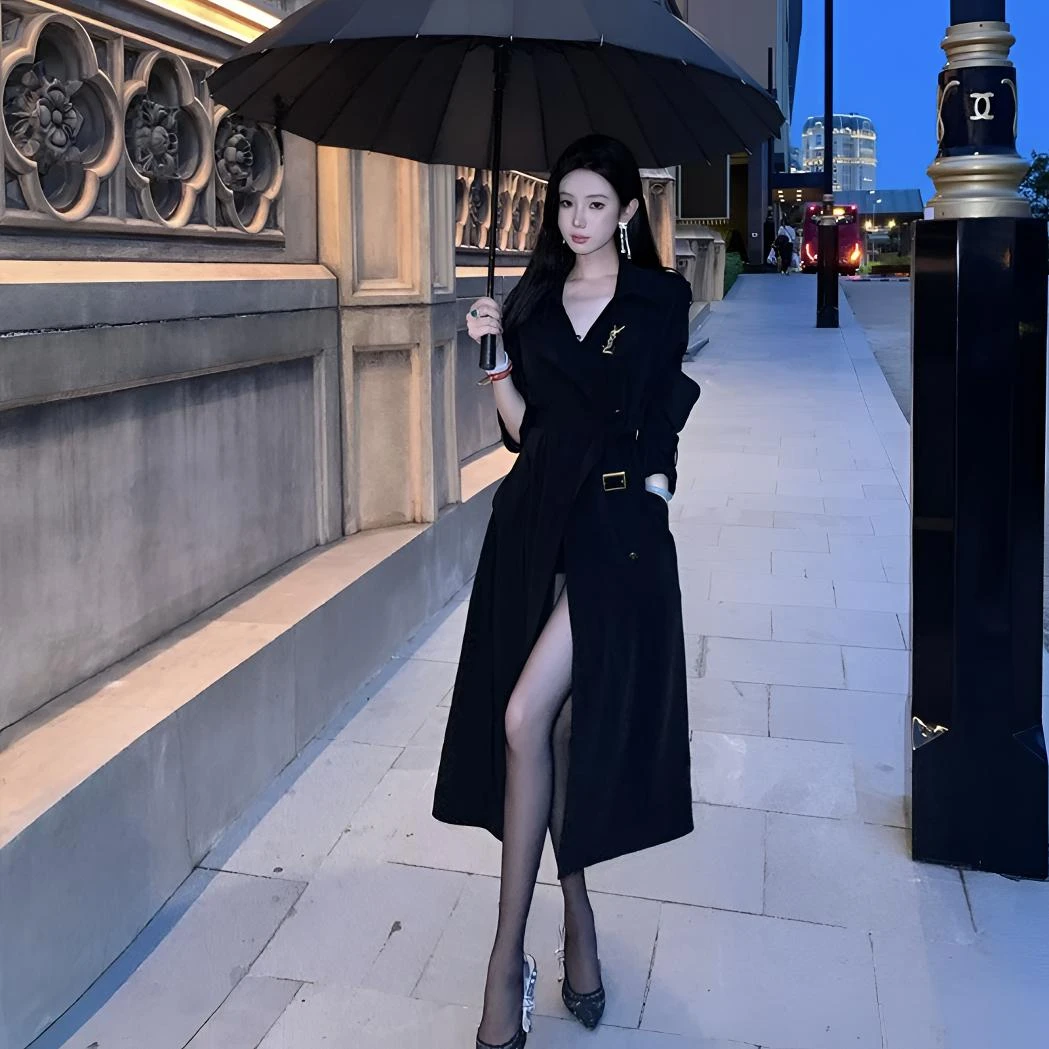 【雅乔定制】冷艳禁区 高级感时尚黑色中长款风衣外套DYYK-25052441