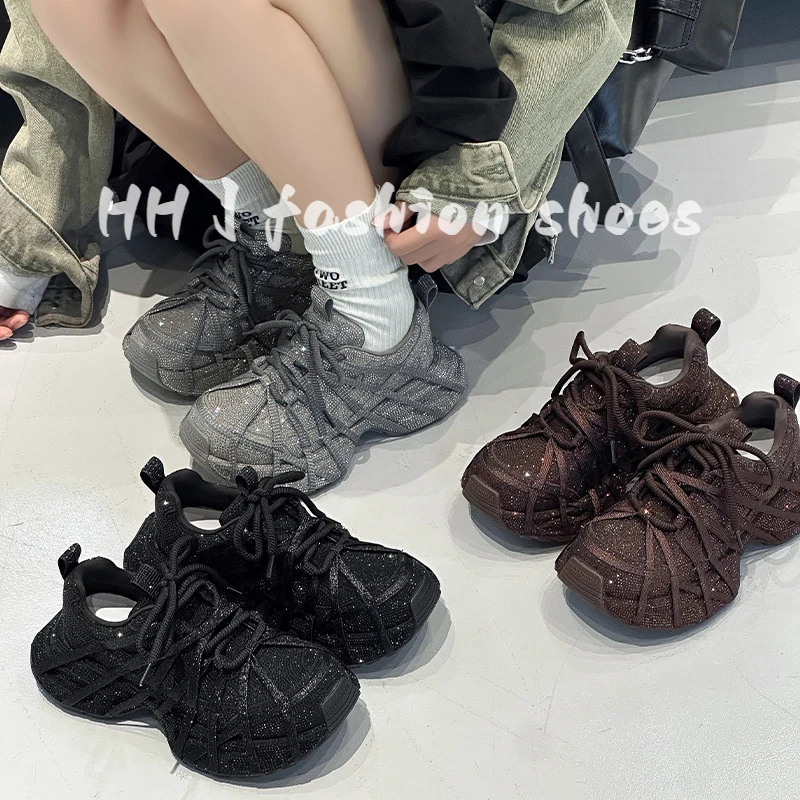 欧货满天星亮钻炸街老爹鞋女2025秋季新款厚底蜘蛛绑带运动休闲鞋