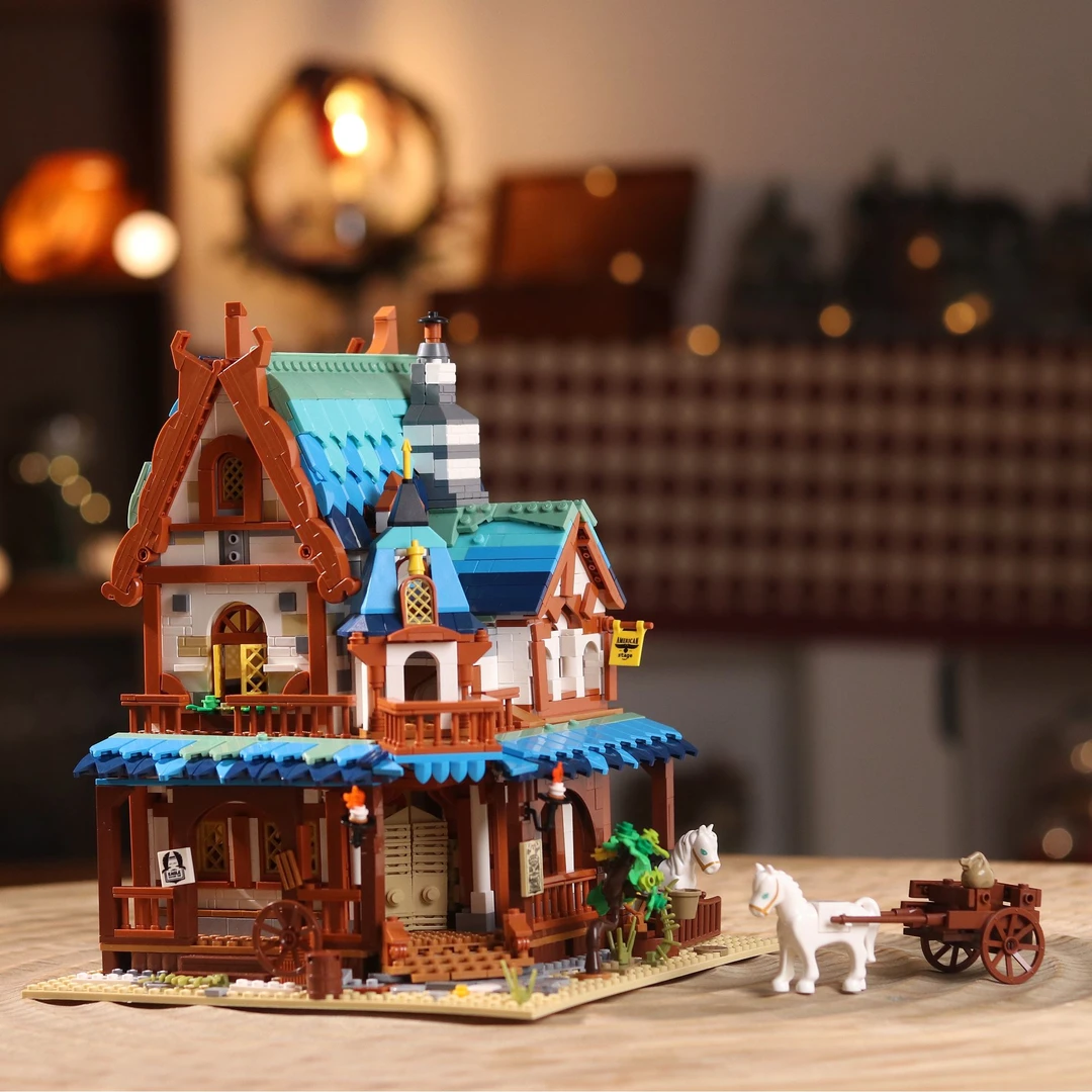 迷你颗粒中世纪街景庄园驿站创意拼搭积木大型摆件节日礼物高难度