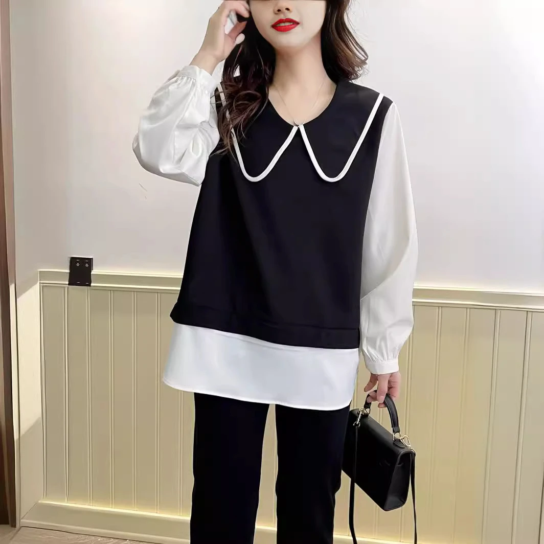 胖MM【当天发+运费险】大码娃娃衫长袖假两件撞色时尚上衣女T恤显瘦