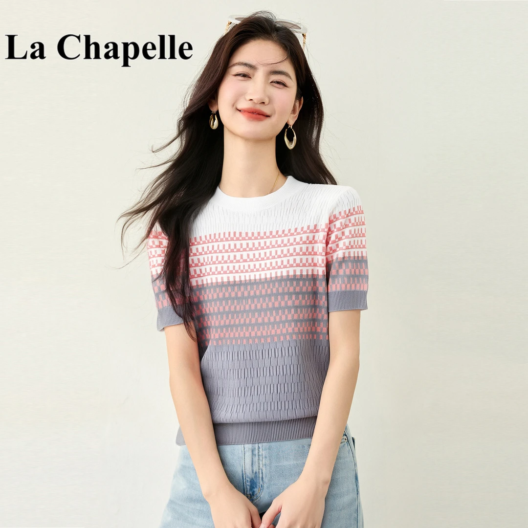 拉夏贝尔高级感冰丝针织衫短袖t恤女士夏季修身显瘦撞色薄款上衣