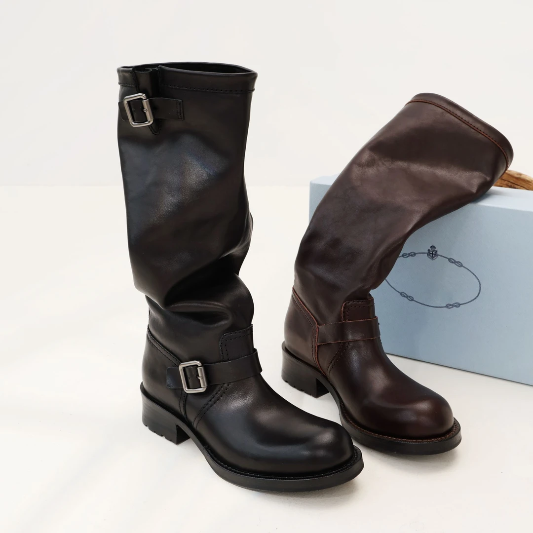 Inking Pot复古植鞣牛皮直筒骑士靴女高筒靴子粗跟不过膝长靴