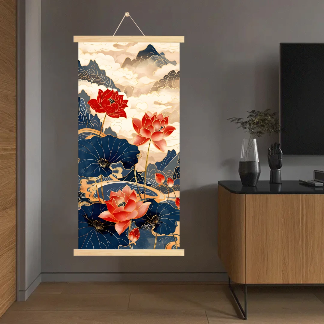 荷花图挂画入户玄关装饰画卧室客厅走廊过道简奢实木卷轴布艺挂画