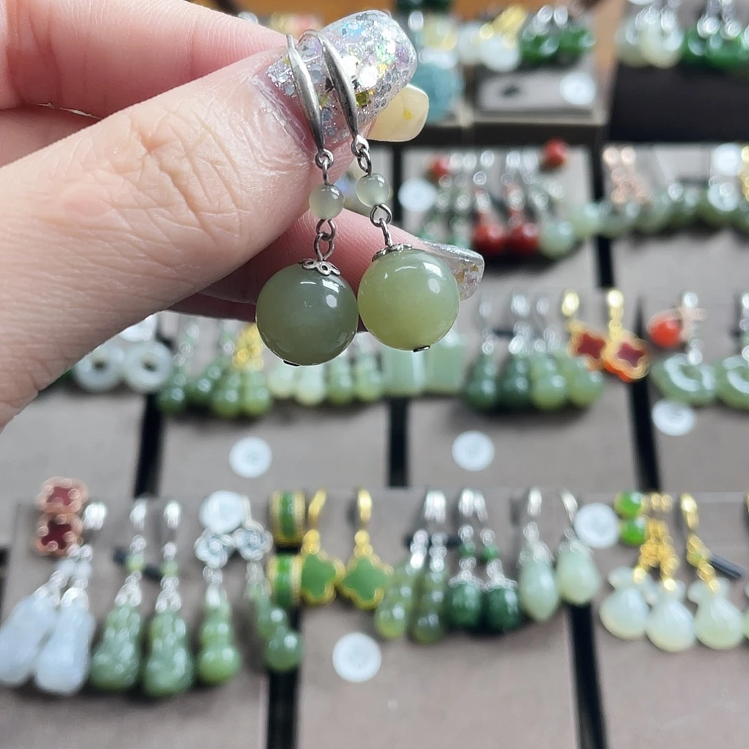 和田玉银S925镀金镶嵌耳饰