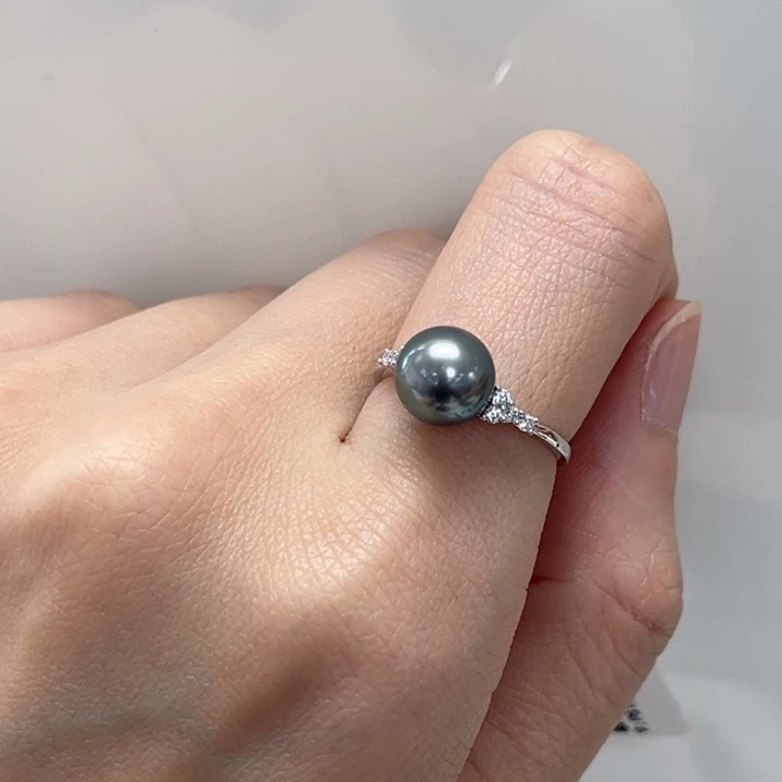 海水珍珠戒圈银S925镶嵌大溪地 8-9mm 48号