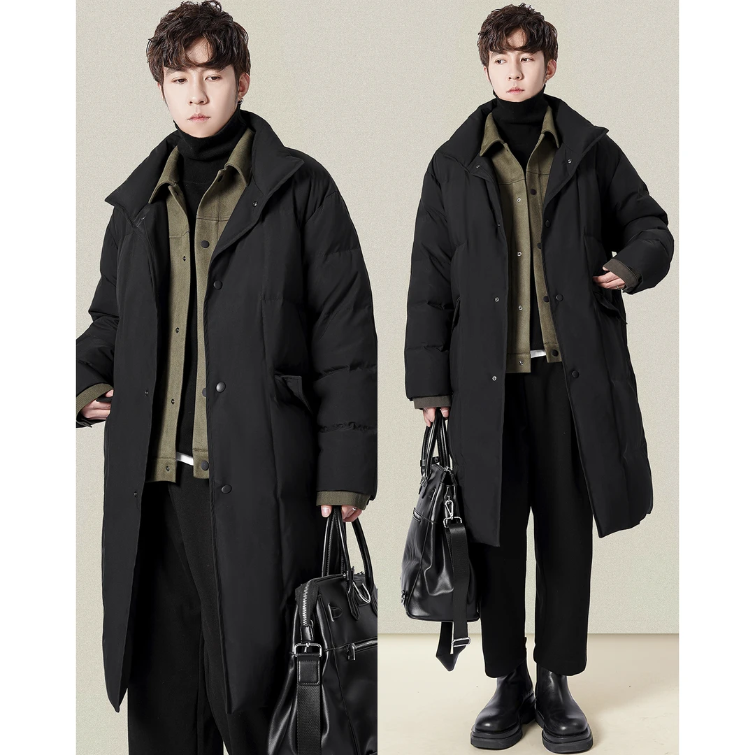 可拆卸假两件撞色拼接中长款立领羽绒服冬季男士鸭绒保暖上衣外套