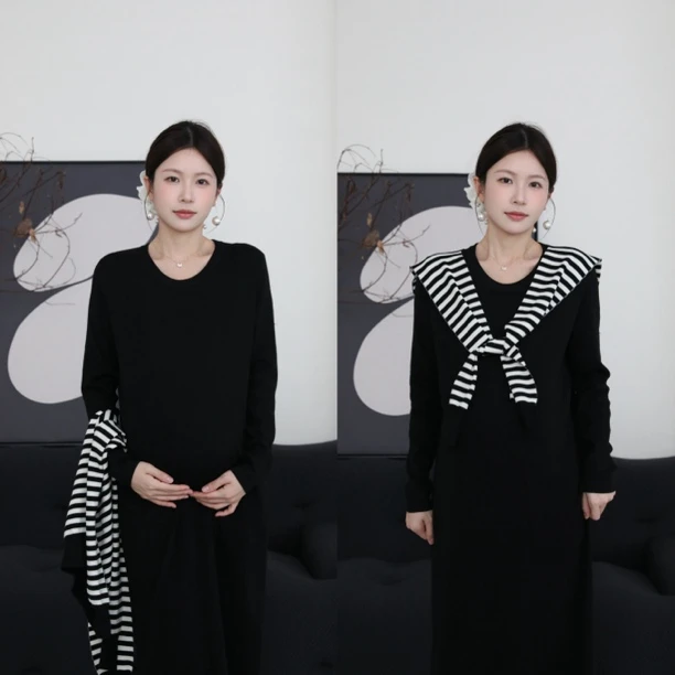 senenmu 【条纹披肩+连衣裙】【绵羊毛】混纺两件套套装连衣裙孕妇装