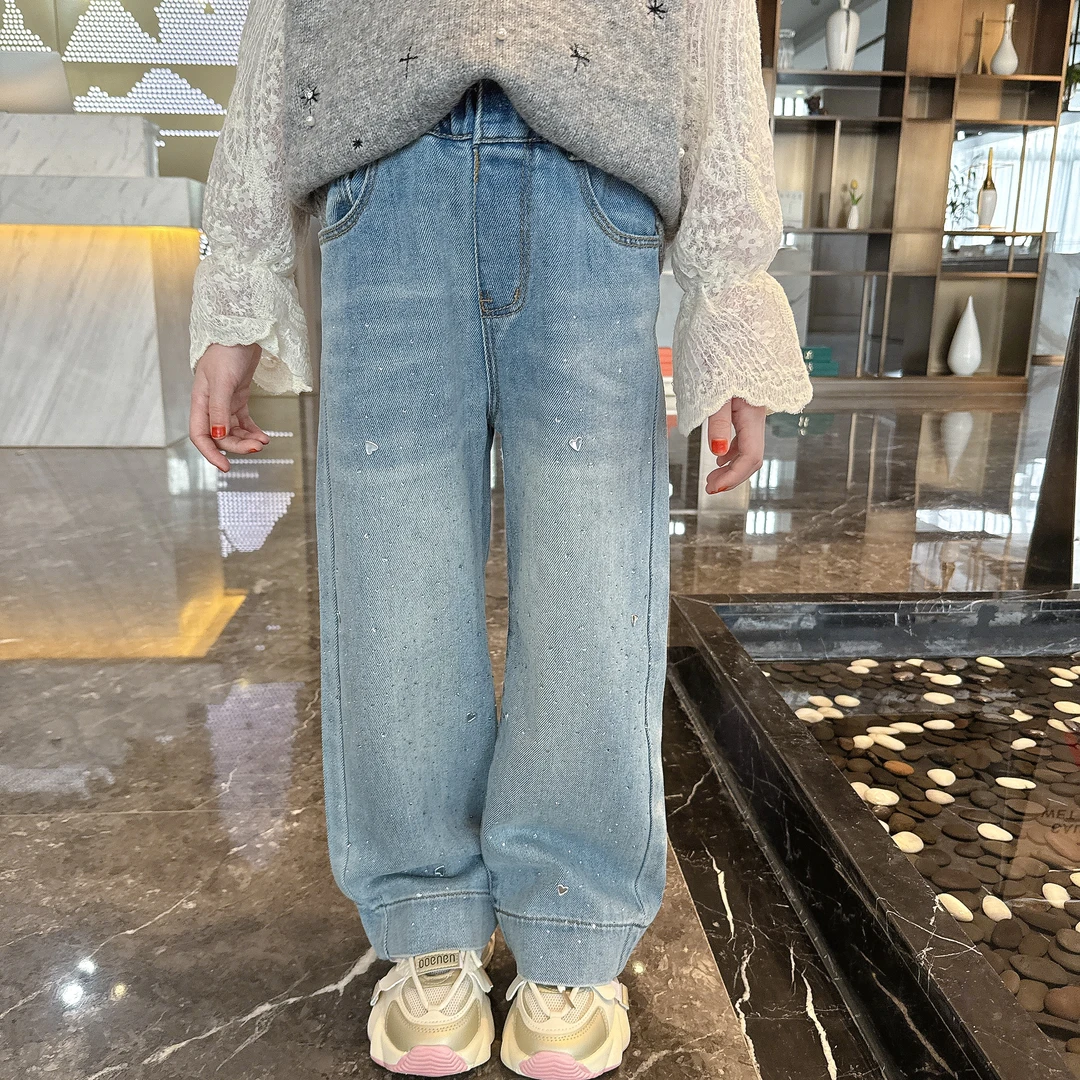 2025新款春装女童洋气烫钻牛仔阔腿长裤百搭时尚洋气高级女宝宝