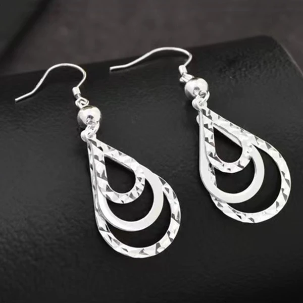 足银耳饰 纯银s999专柜耳环女款气质百搭千足银三叶水滴耳钩个性