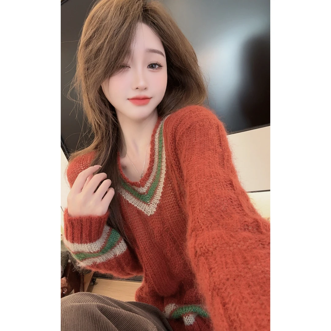 【陈陈私服】气质设计感拼色v领毛衣洋气女人味长袖针织衫25112904