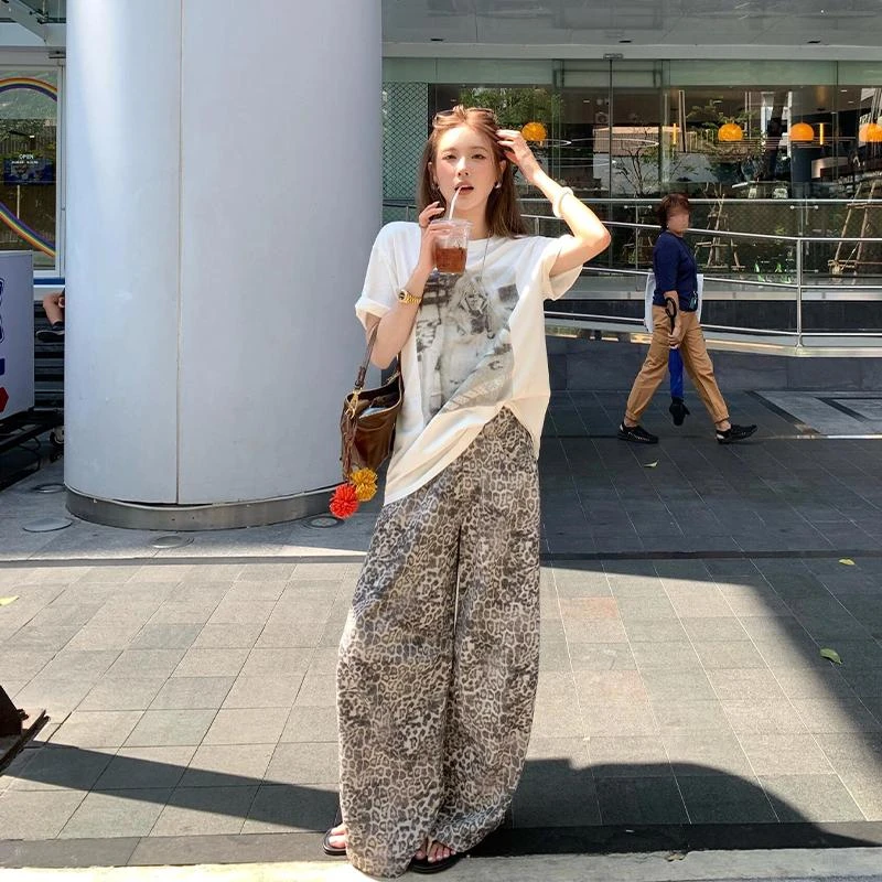 2025夏季新款法式复古百搭圆领印花T恤上衣气质高腰豹纹阔腿长裤