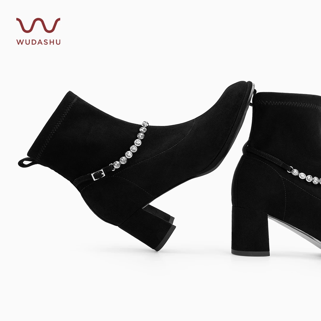吴大叔红云鞋秋气质方头高跟黑色时尚瘦瘦靴女粗跟显瘦短靴Z316