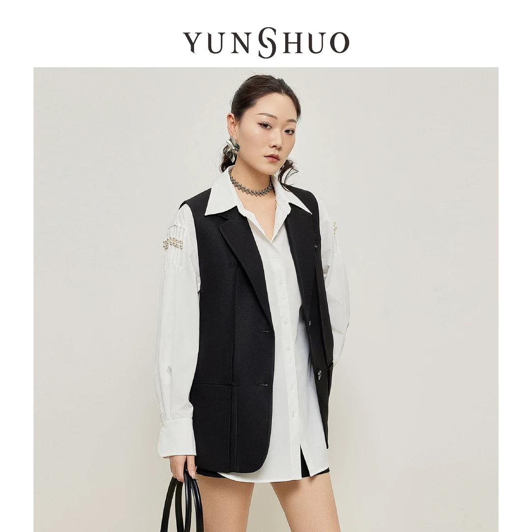 允硕春季新品时尚百搭气质V领西装反驳领女收腰显瘦马甲626113