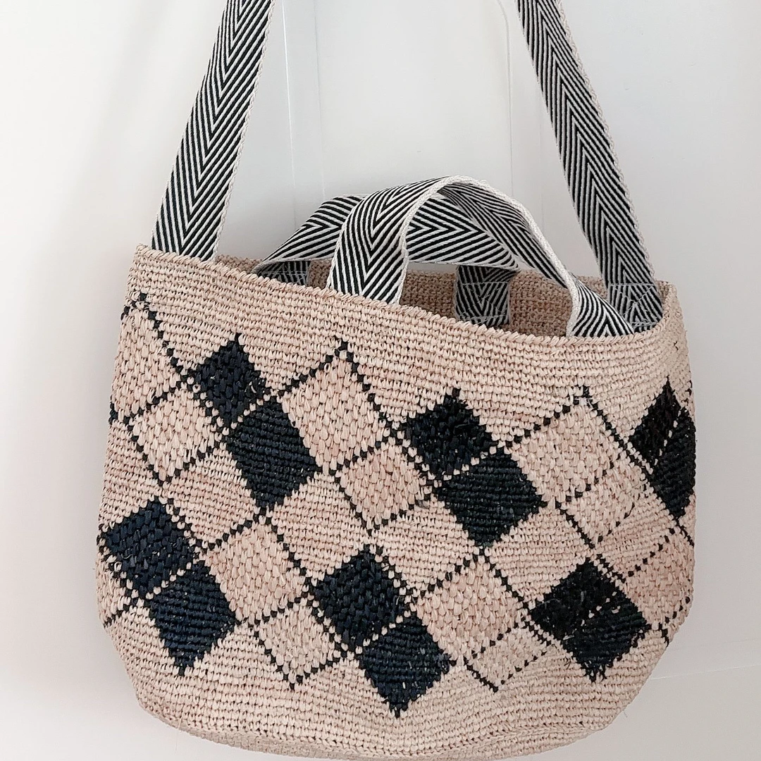 法式复古菱形拉菲草手提包度假大容量菱形格手提斜挎两用包大容量