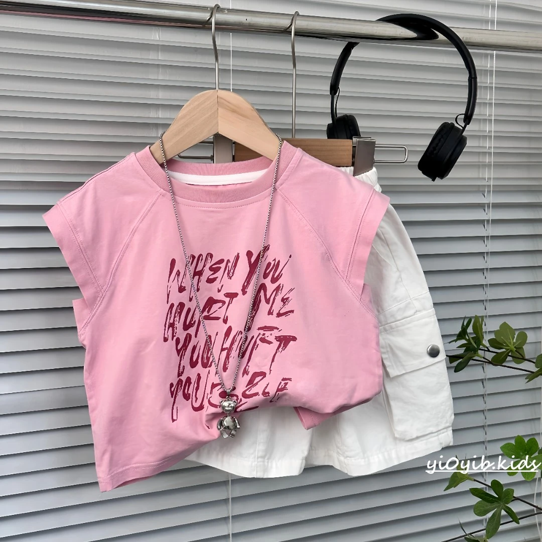 新款儿童背心无袖t恤套装2025夏季韩系中小童男童装洋气印花韩系