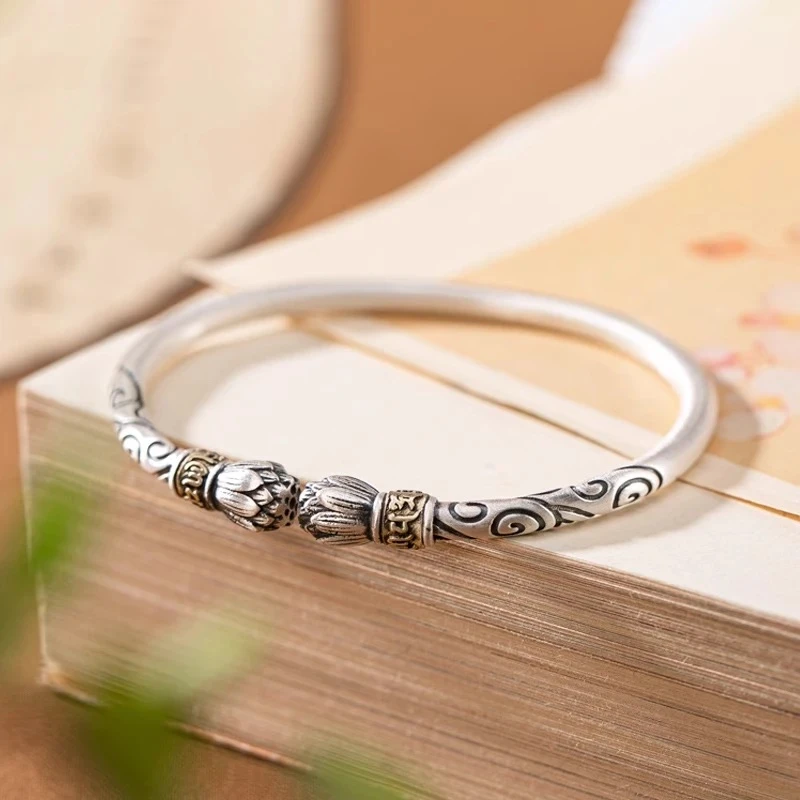足银手镯 复古做旧个性莲花六字真言开口女士简约银手镯手环