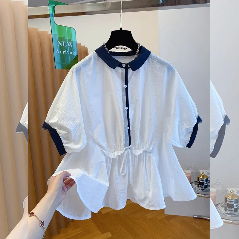 夏季韩版新品褶皱大码女撞色衬衫收腰系带显瘦别致宽松好看连衣裙