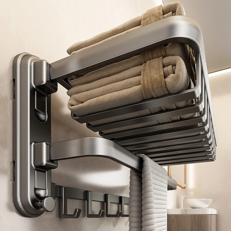 吸盘毛巾架卫生间免打孔网篮浴室置物架折叠一体淋浴房厕所浴巾架