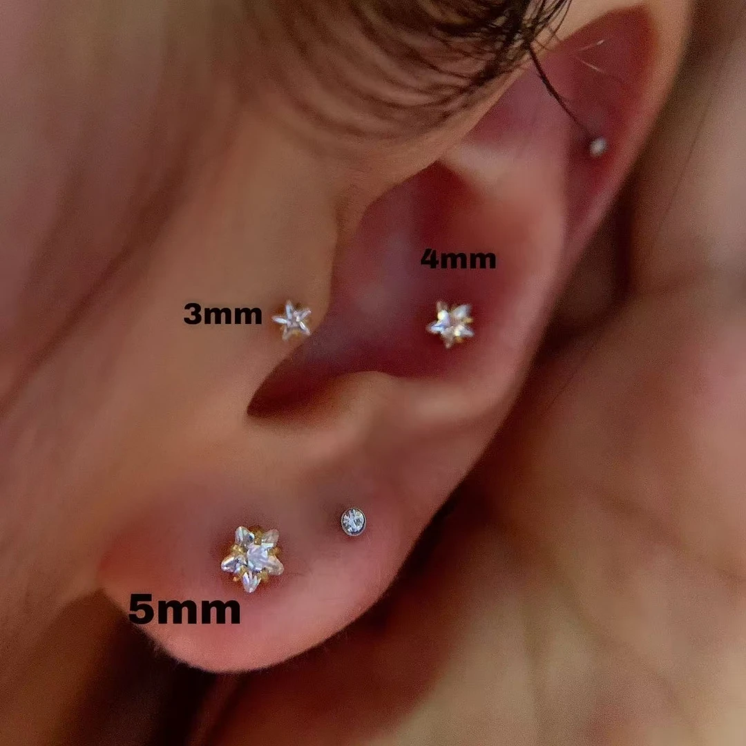 合金锆石耳饰 小众精致时尚超闪星星耳骨钉钛合金防敏养耳洞小巧