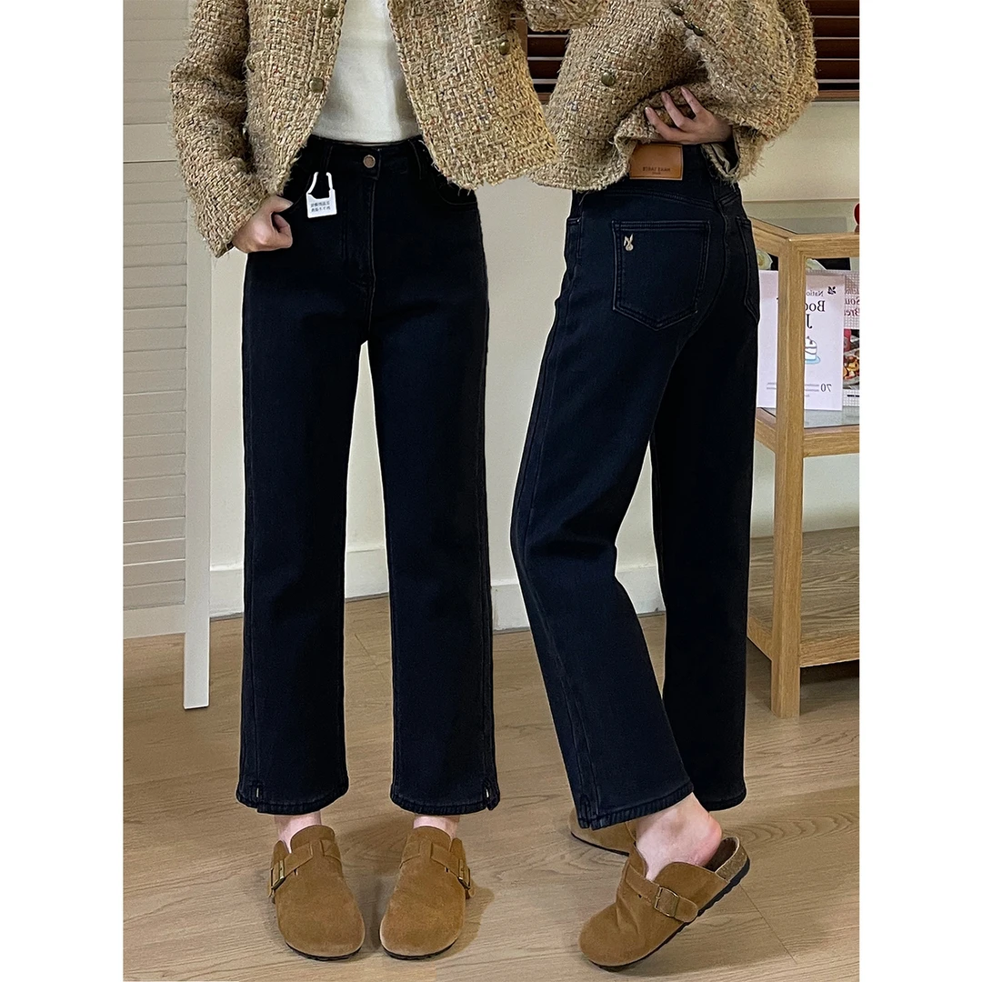 加绒牛仔裤女秋冬小个子裤子胖MM显瘦大码高腰弹力直筒九分烟管裤