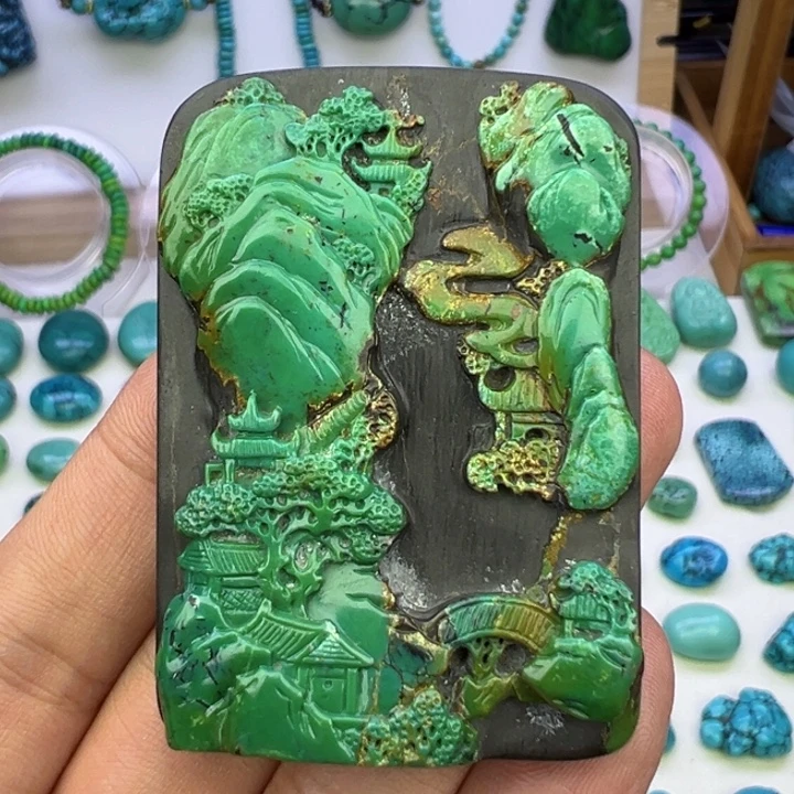 云盖高瓷绿巧雕山水牌