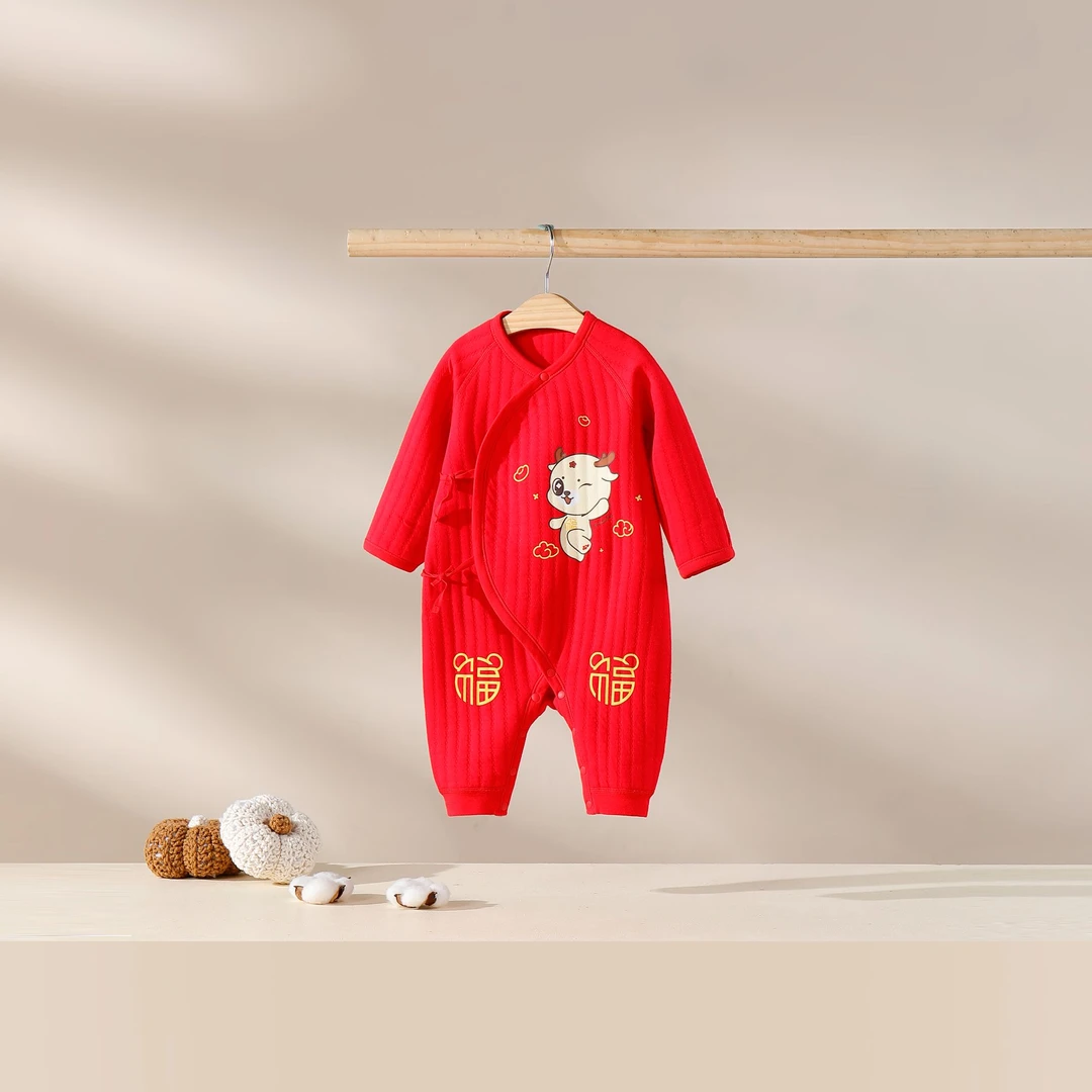 春秋新款婴幼儿喜庆大红色周岁服年服连身衣春秋冬宝宝打底哈衣