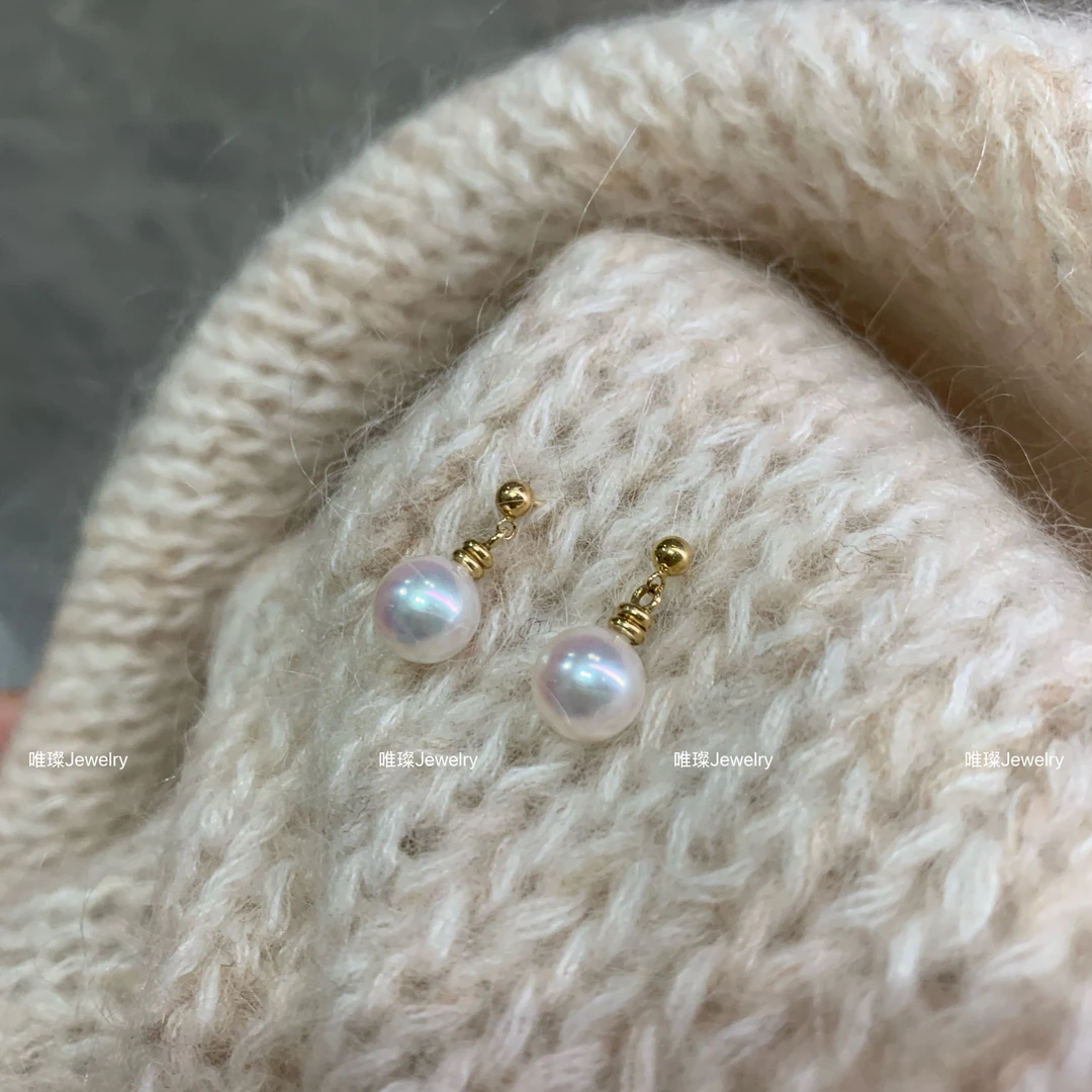 【唯璨】18K金/AKOYA海水珍珠正圆小金豆设计款耳钉/7.5-8mm