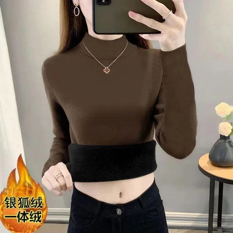 银狐绒秋冬立领保暖长袖打底衫女大码内搭加绒特厚修身上衣