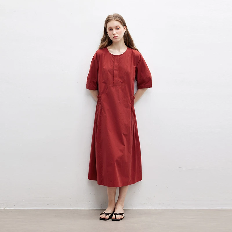 DotDrobe/多着复古重工礼服 抽褶口袋纯棉灯笼袖连衣裙夏季两色入