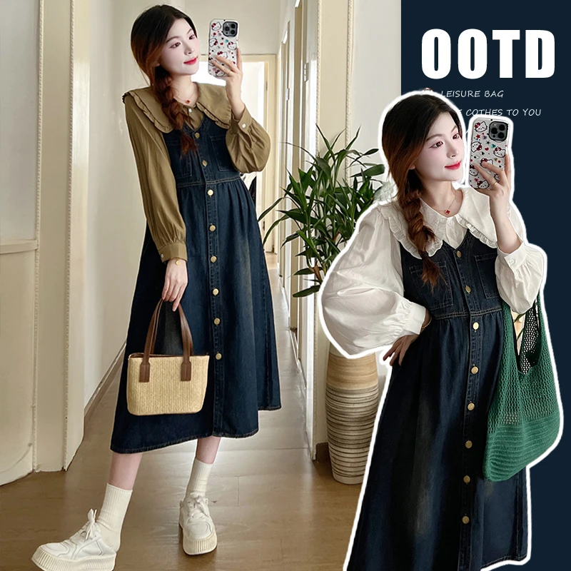 懒洋洋~2025早春新品小个子孕妇装衬衣+韩版牛仔背带裙孕妇套装