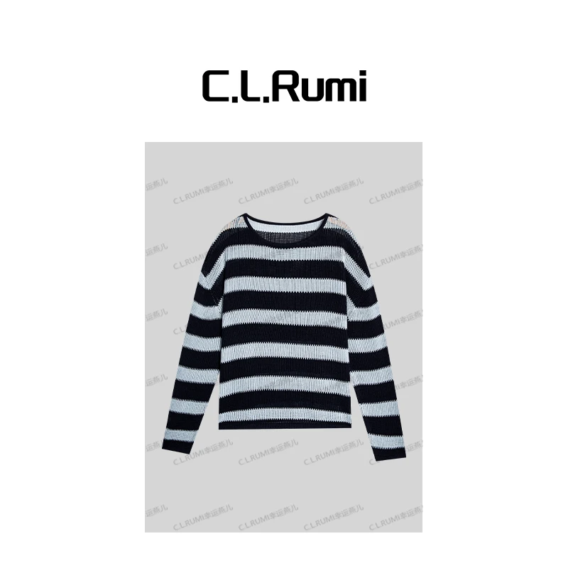 【Rumi小店】“织雾”25早秋宽松显瘦舒适条纹套头针织镂空上衣7081sy