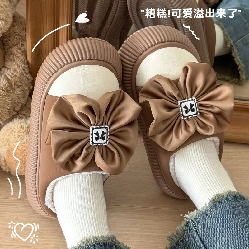 猫力蝴蝶结棉拖鞋女款厚底保暖2025新款室内居家防滑毛绒拖鞋秋冬