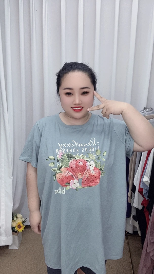 外贸纯棉大码T恤蓝绿色草莓