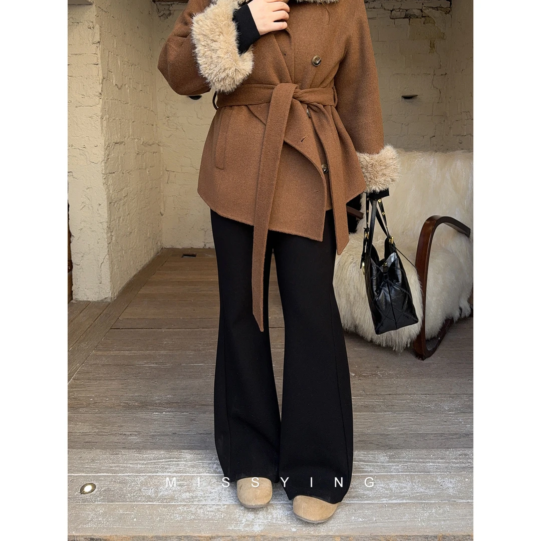 应小姐【建模裤】微胖大码冬季加绒设计感时尚宽松韩版直筒微喇长裤