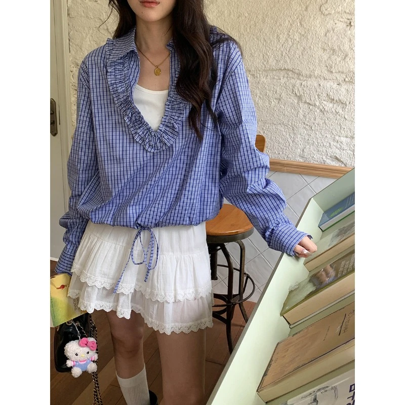 蓝色条纹v领长袖衬衫上衣2025年春秋新款设计感爆款小衫衬衣女装