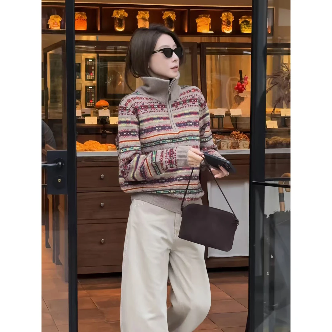 【老板周】复古洋气 秋冬新款费尔岛复古半拉链针织毛衣