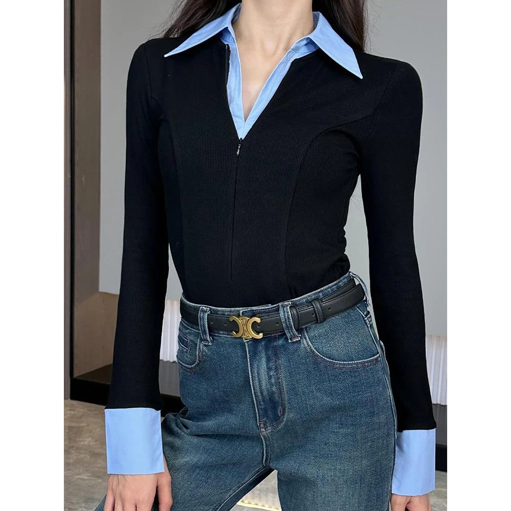 ME1剑桥时光秋冬高级百搭气质Polo领修身显瘦2025新款打底衫上衣