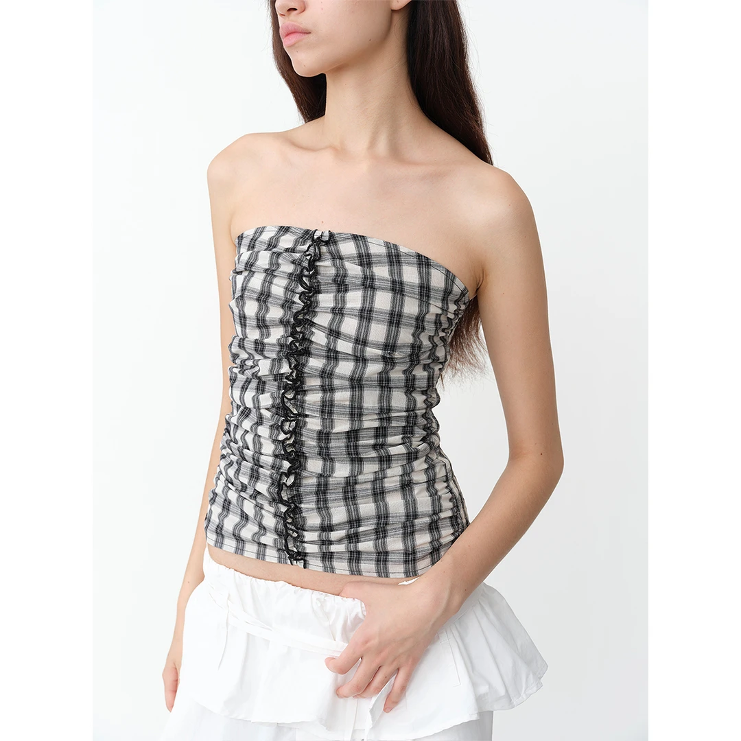 1c00M4褶皱格纹打揽抹胸短款时尚百搭夏季复古黑白格子千鸟格