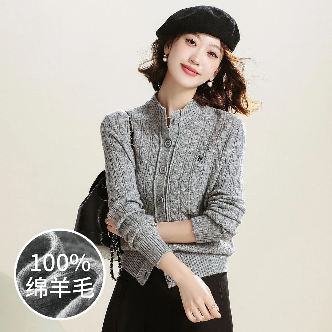 赛兔厚款100%羊毛开衫刺绣半高领毛衣重工绞花外套202S243T017