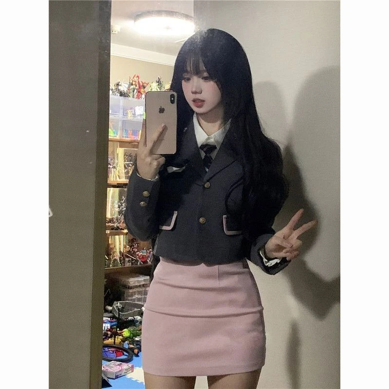 韩系制服套装女西装外套白色衬衫春季新款包臀半身裙学院风三件套