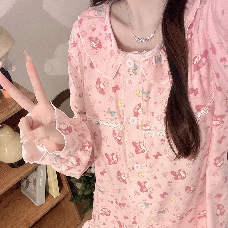 德绒荷叶边美乐蒂带胸垫睡衣女秋冬季长袖甜妹保暖加厚家居服套装