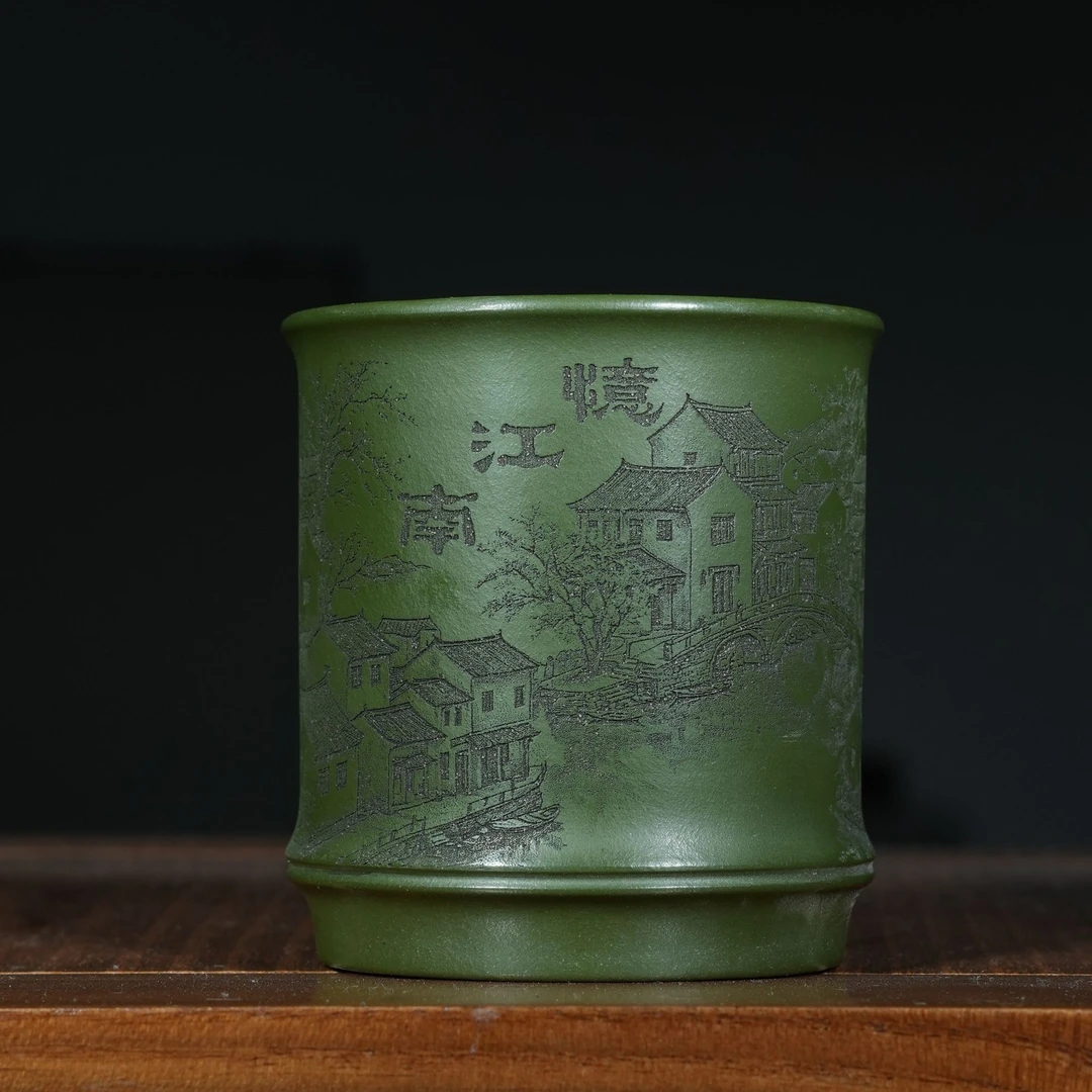 宜兴原矿绿泥书法刻绘忆江南紫砂手工主人杯容量160CC