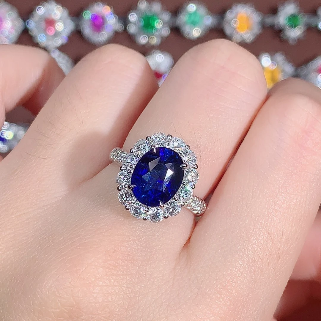 戒指蓝宝石18K金镶嵌4.06ct/天然宝石/七天无理由
