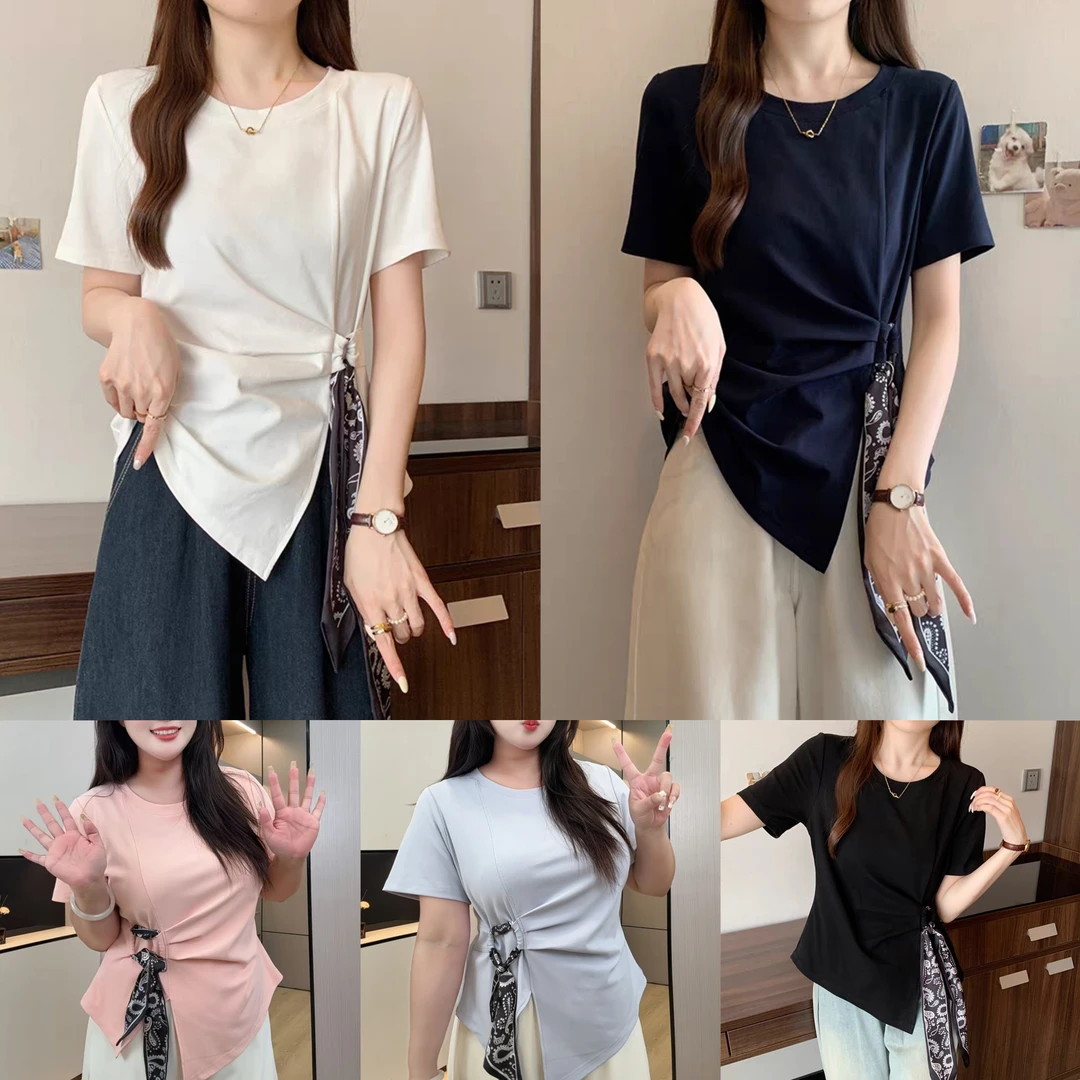 胖MM时尚高级感收腰别致丝带小众夏季大码显瘦正肩独特气质上衣女