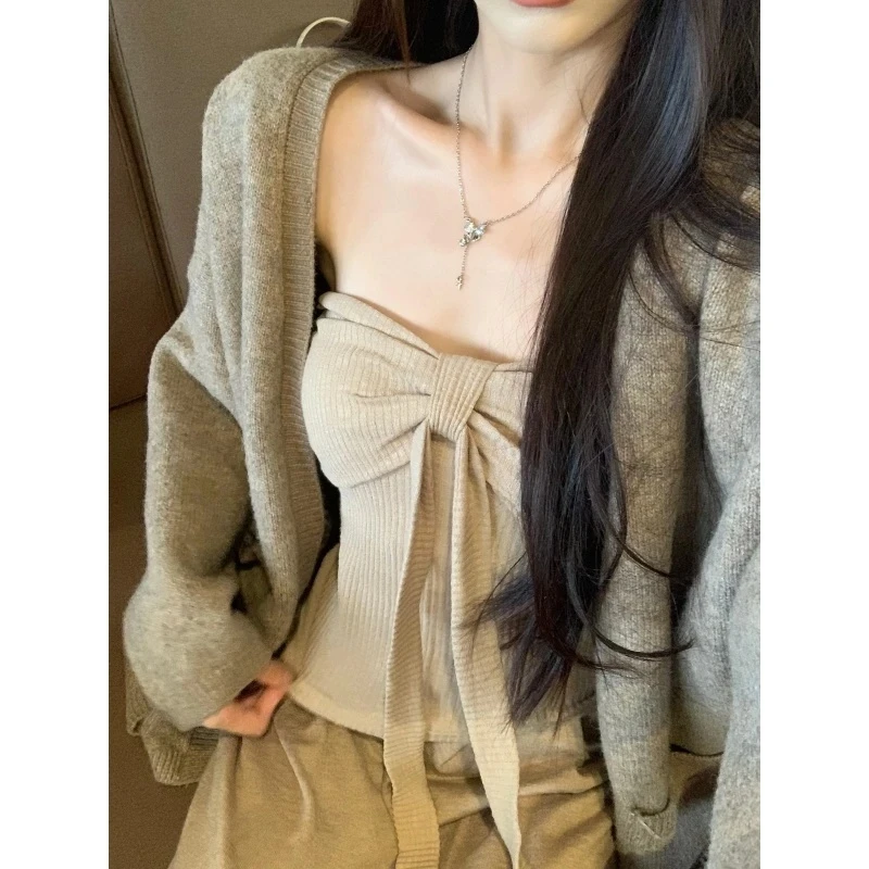 慵懒风软糯针织外套开衫甜辣蝴蝶结抹胸上衣垂感休闲裤